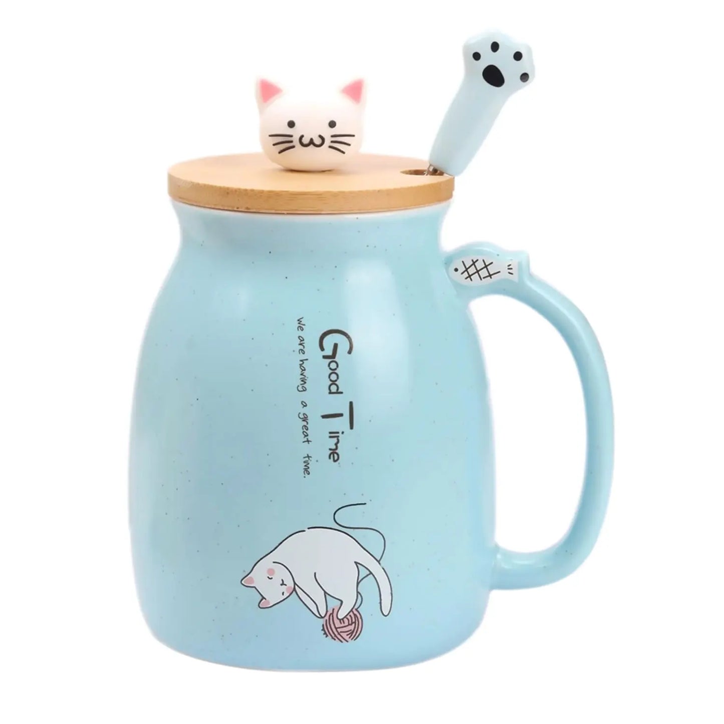Kawaii Cat Ceramic Coffee Mug with Lid and Spoon
