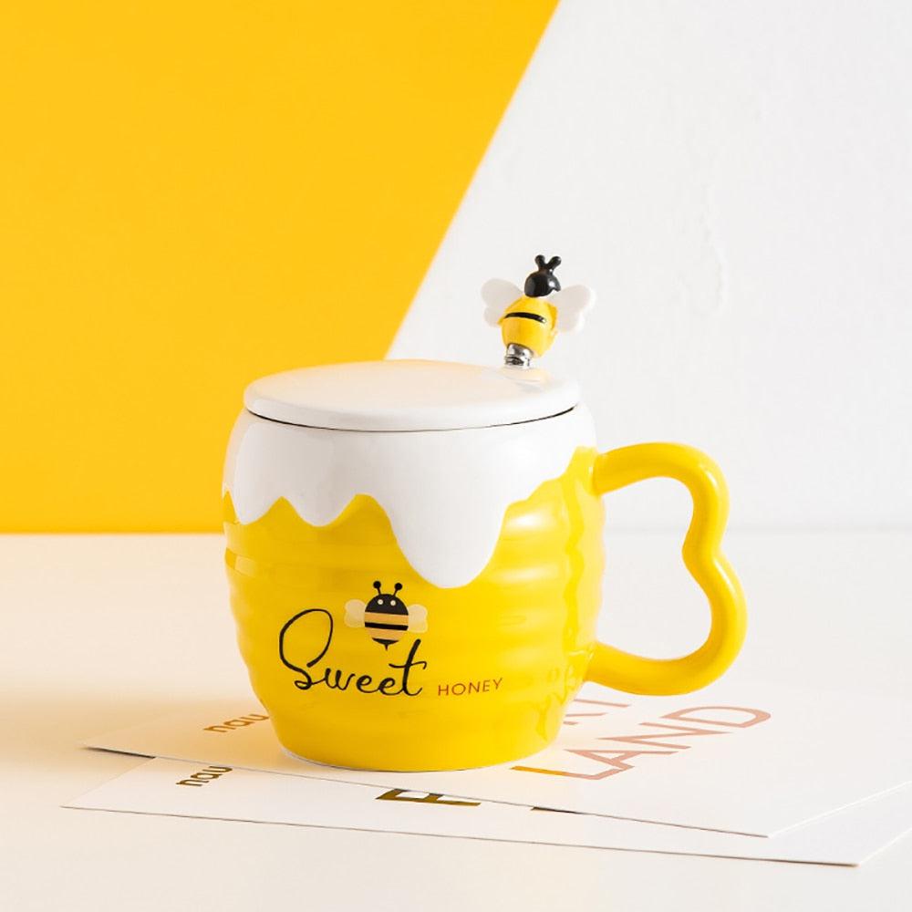Bee Ceramic Mug with Lid & Spoon