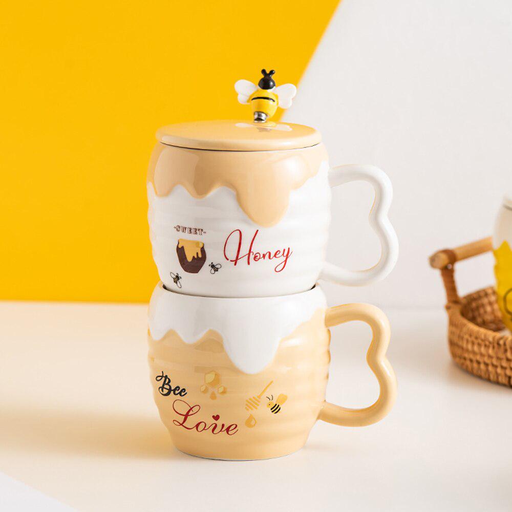 Bee Ceramic Mug with Lid & Spoon