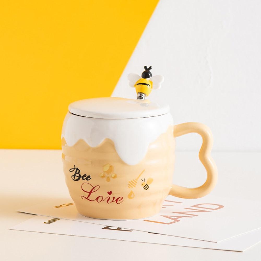 Bee Ceramic Mug with Lid & Spoon