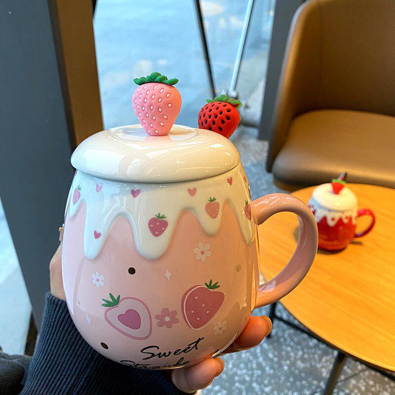 Strawberry Ceramic Mug with Lid & Spoon