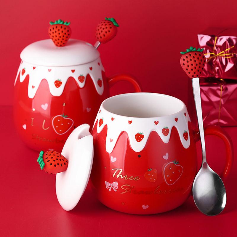 Strawberry Ceramic Mug with Lid & Spoon