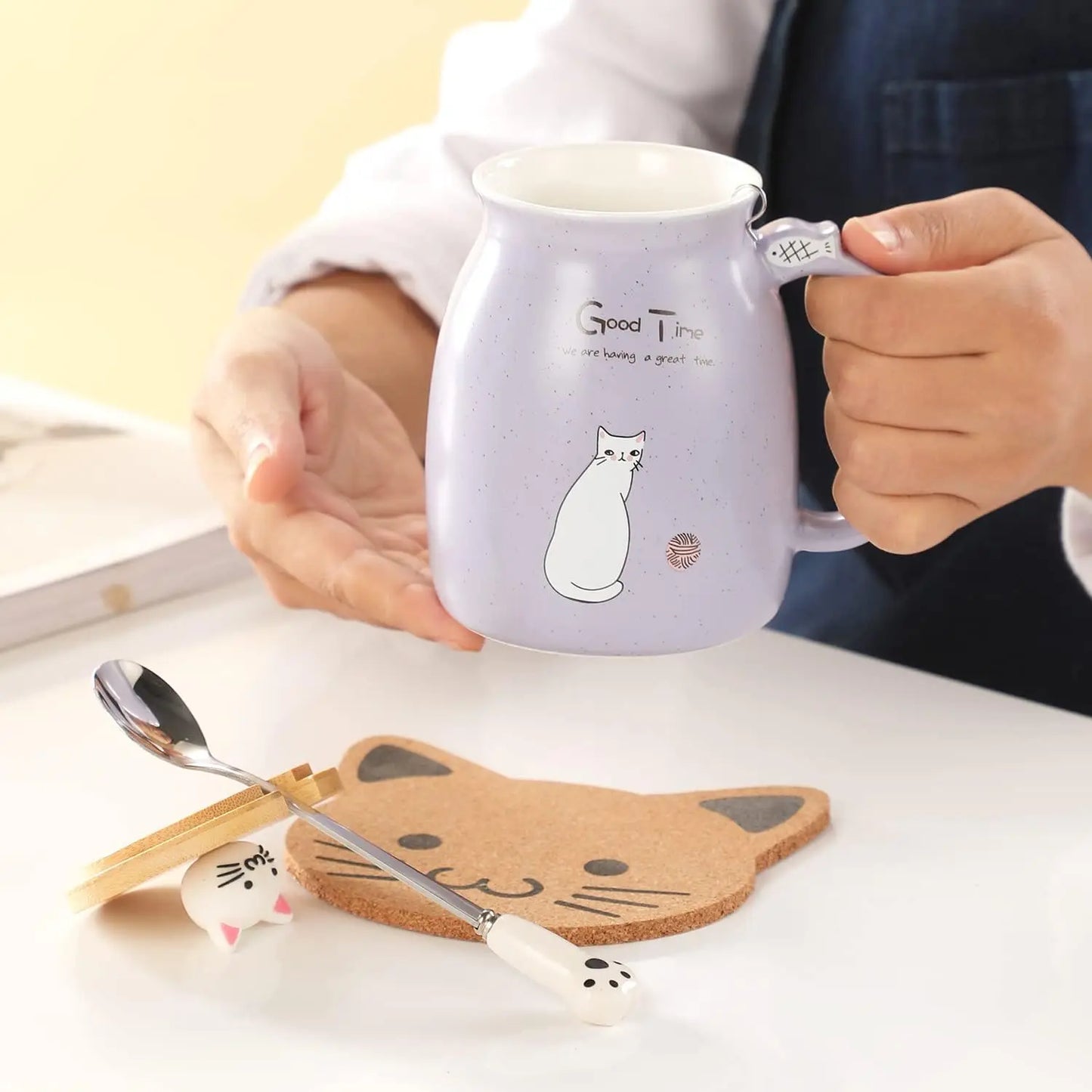 Kawaii Cat Ceramic Coffee Mug with Lid and Spoon