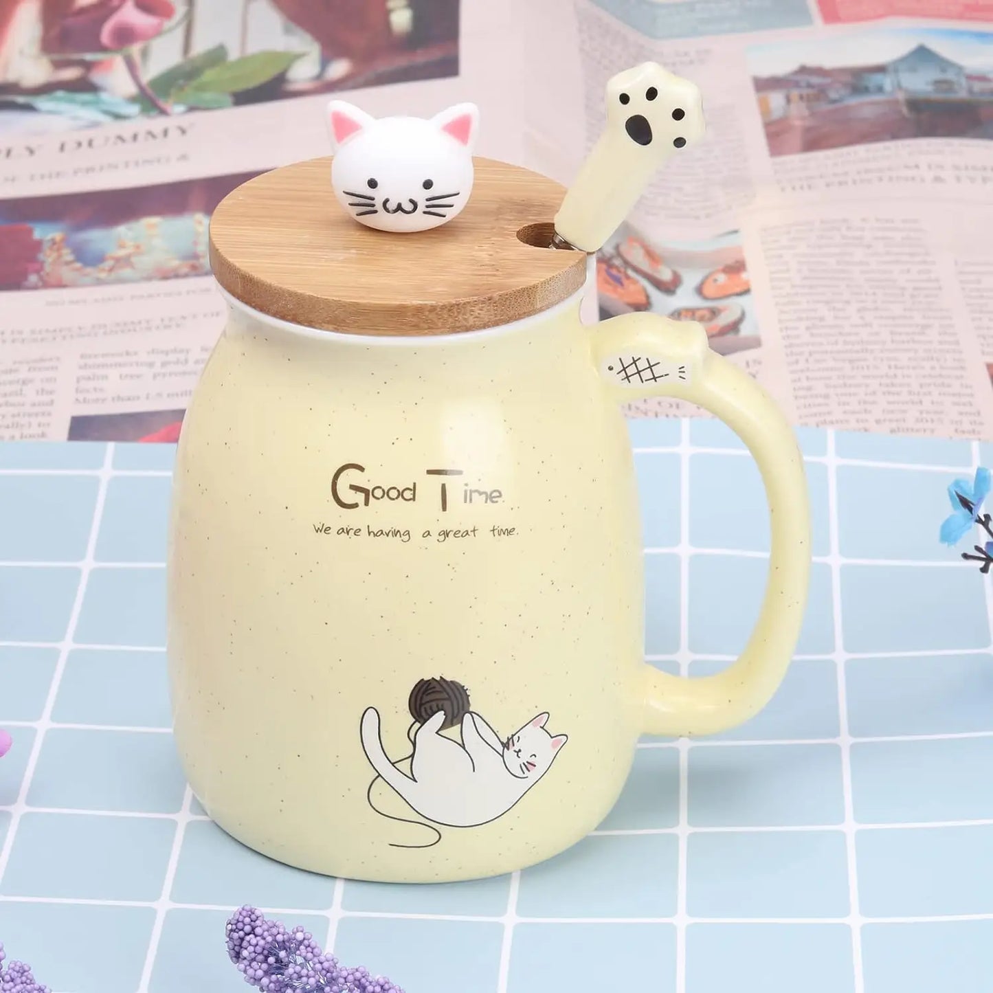 Kawaii Cat Ceramic Coffee Mug with Lid and Spoon