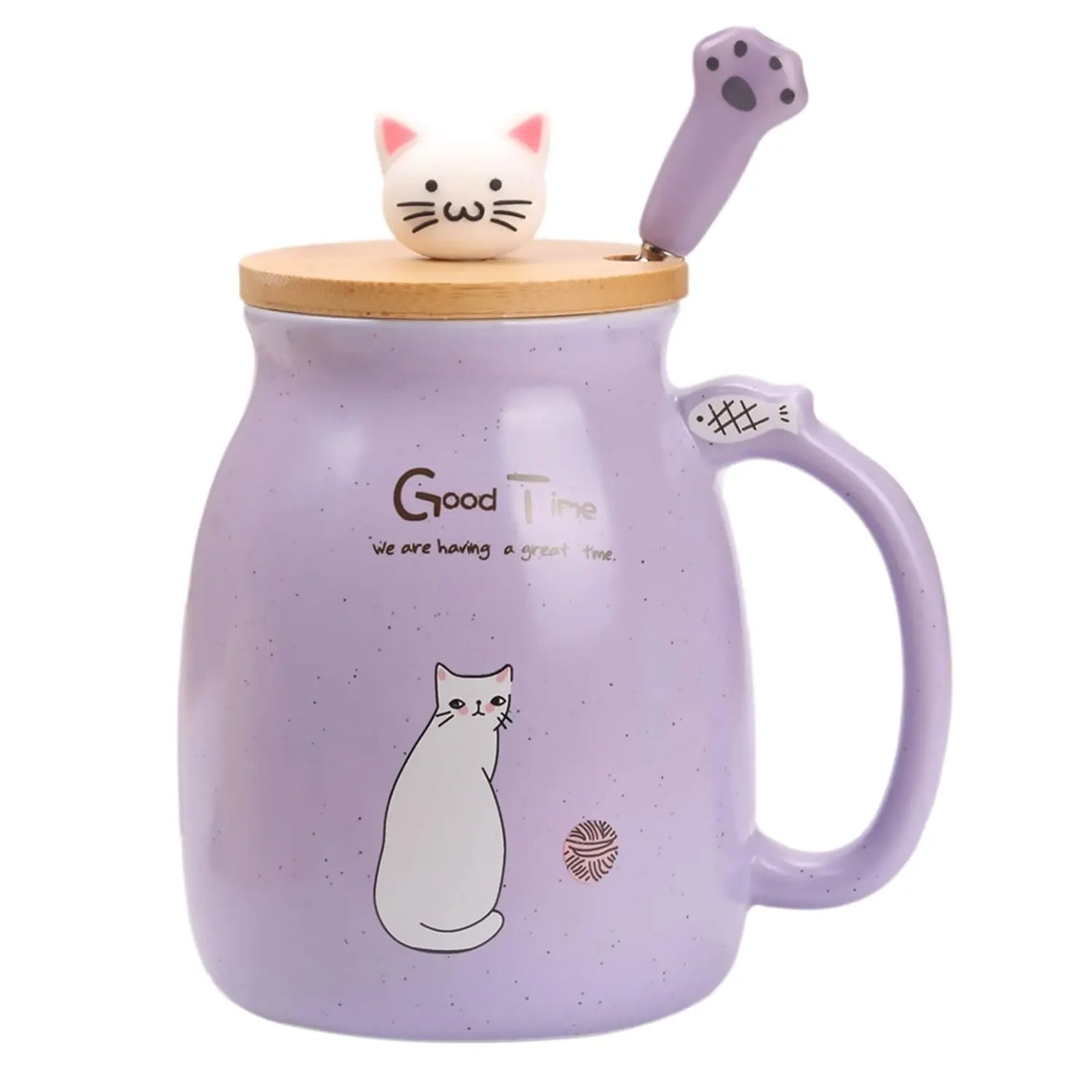 Kawaii Cat Ceramic Coffee Mug with Lid and Spoon