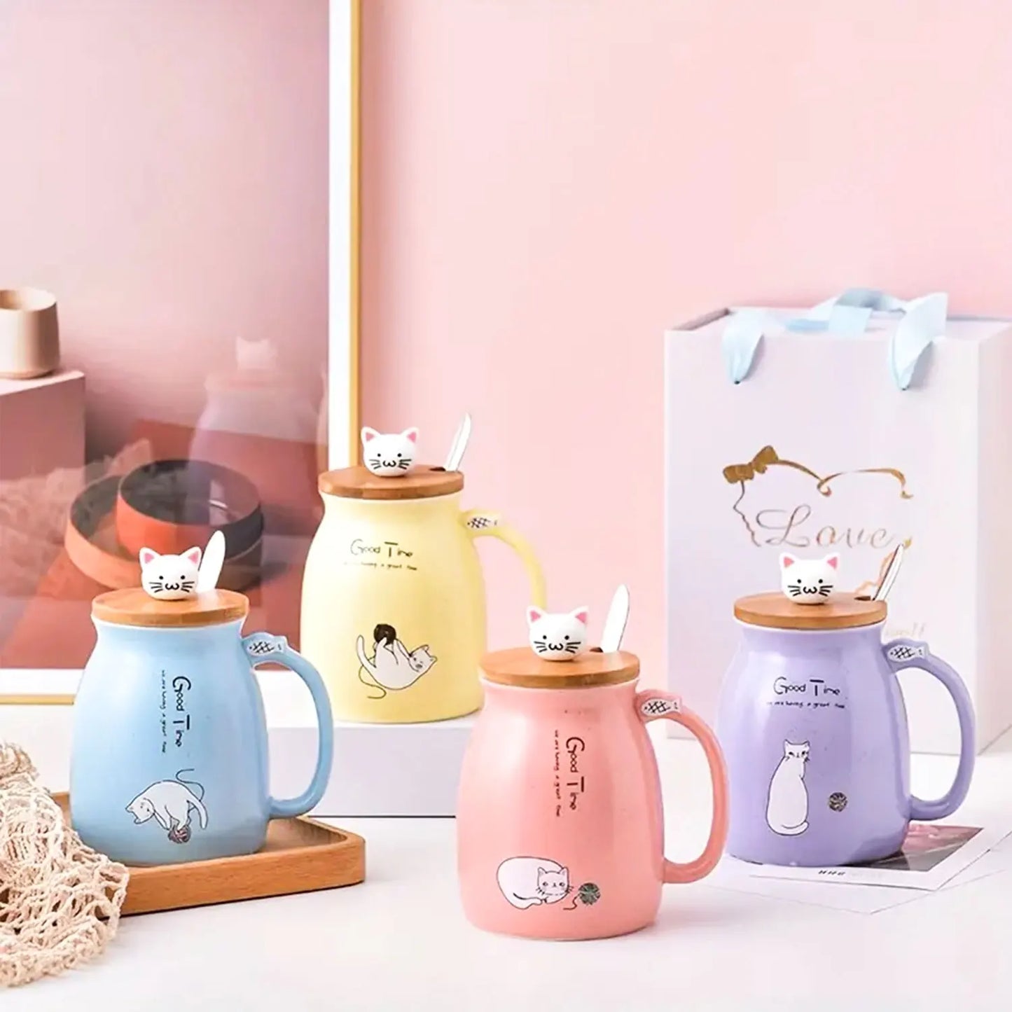 Kawaii Cat Ceramic Coffee Mug with Lid and Spoon