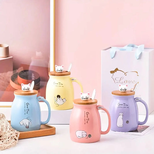 Kawaii Cat Ceramic Coffee Mug with Lid and Spoon