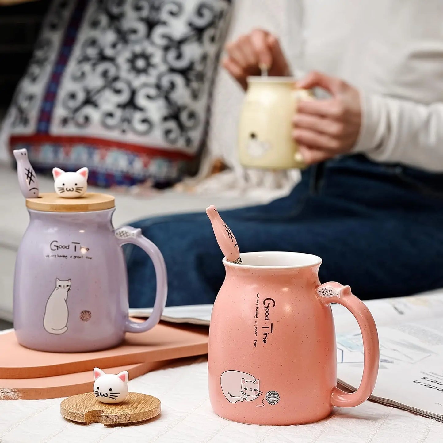 Kawaii Cat Ceramic Coffee Mug with Lid and Spoon