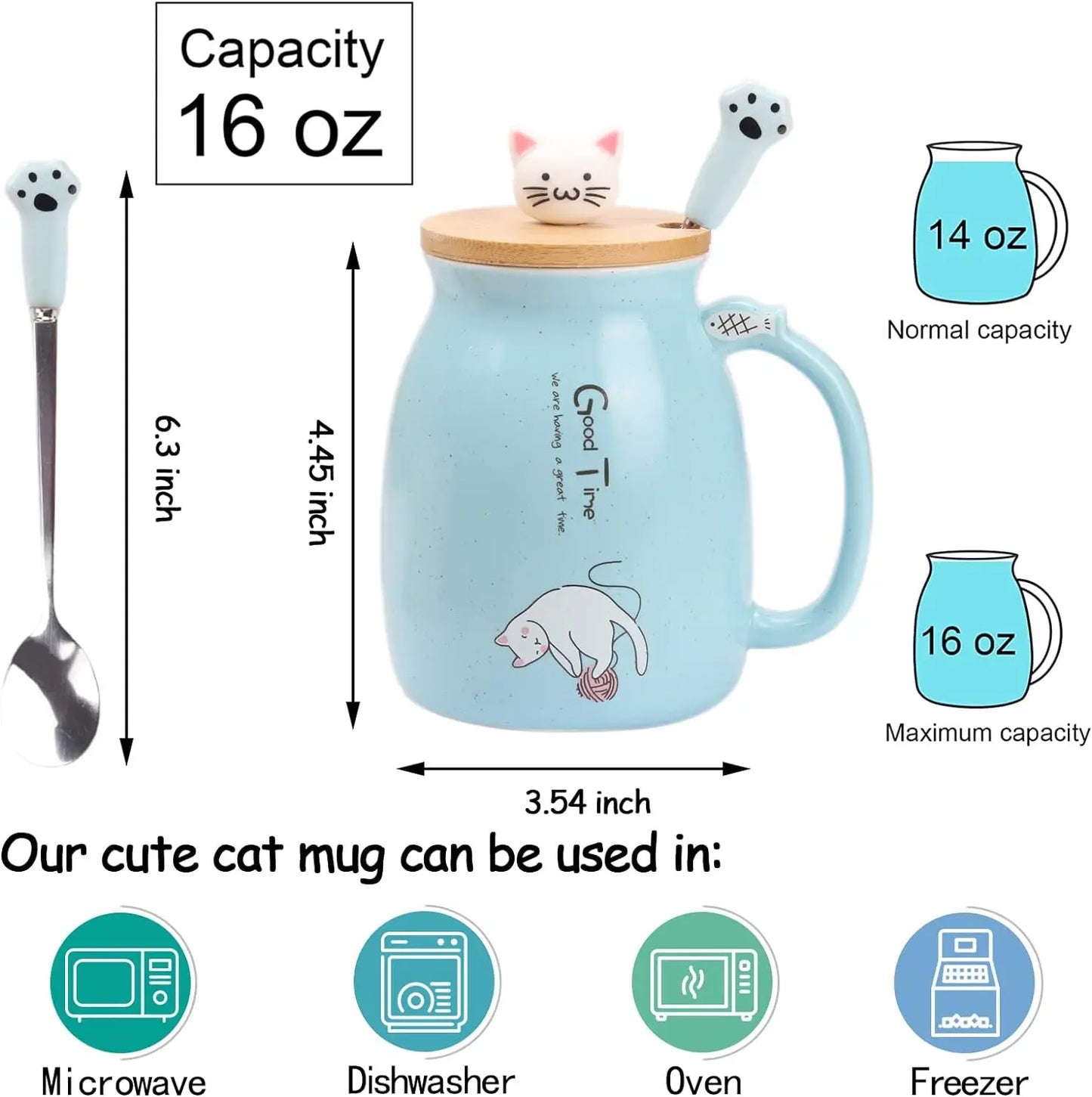 Kawaii Cat Ceramic Coffee Mug with Lid and Spoon