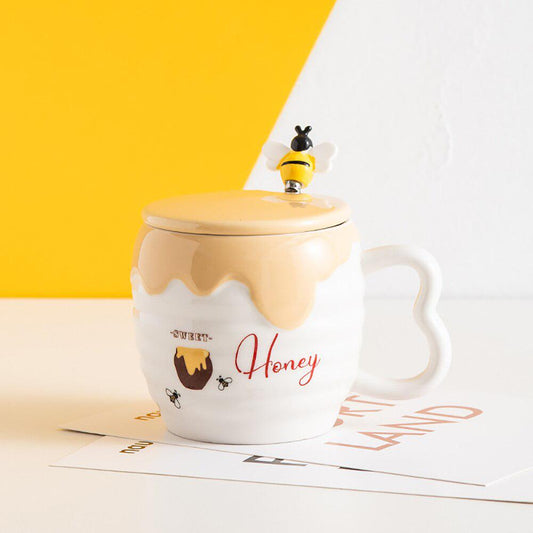 Bee Ceramic Mug with Lid & Spoon
