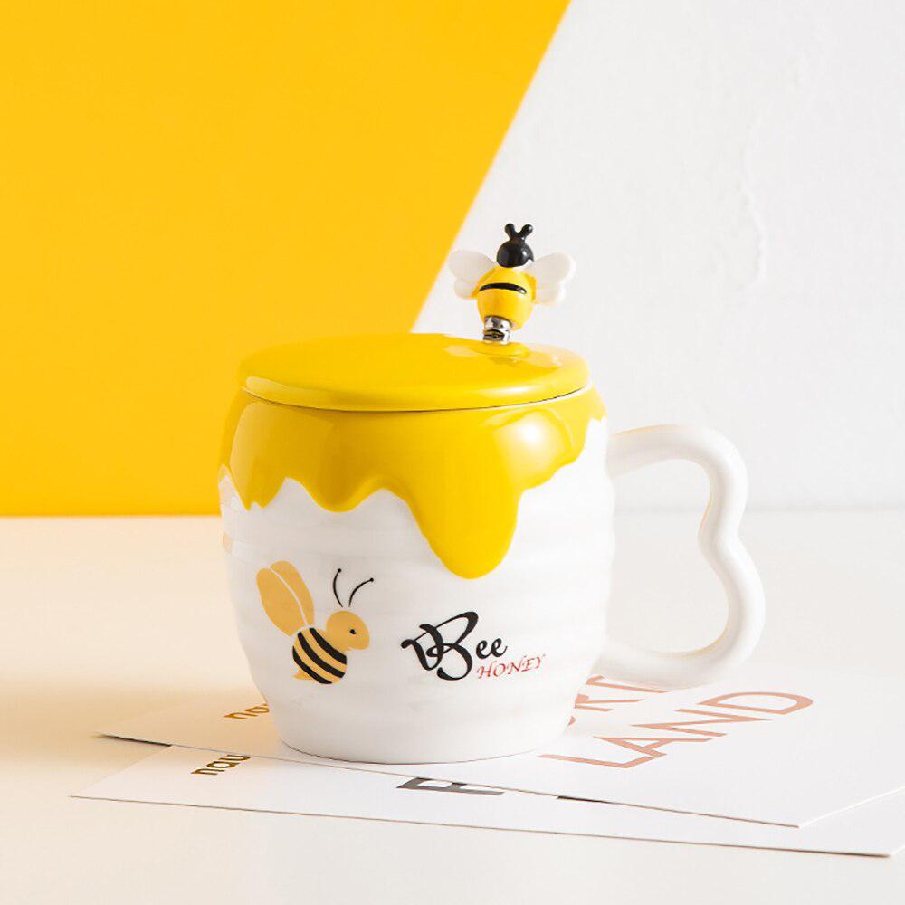 Bee Ceramic Mug with Lid & Spoon