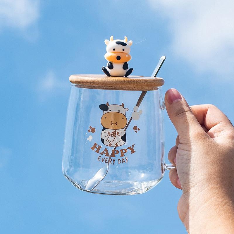 Cow Glass Mug with Lid & Spoon