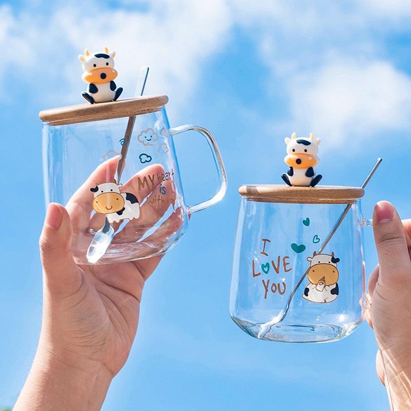 Cow Glass Mug with Lid & Spoon