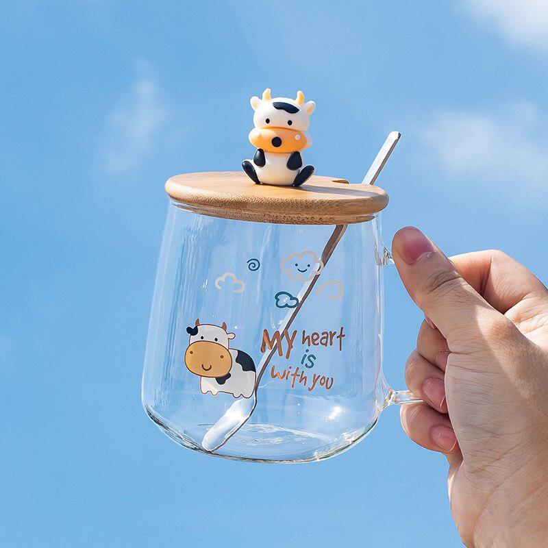 Cow Glass Mug with Lid & Spoon