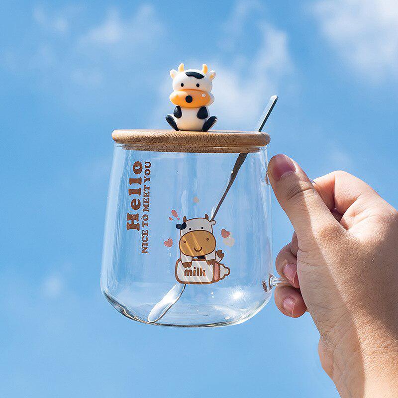 Cow Glass Mug with Lid & Spoon