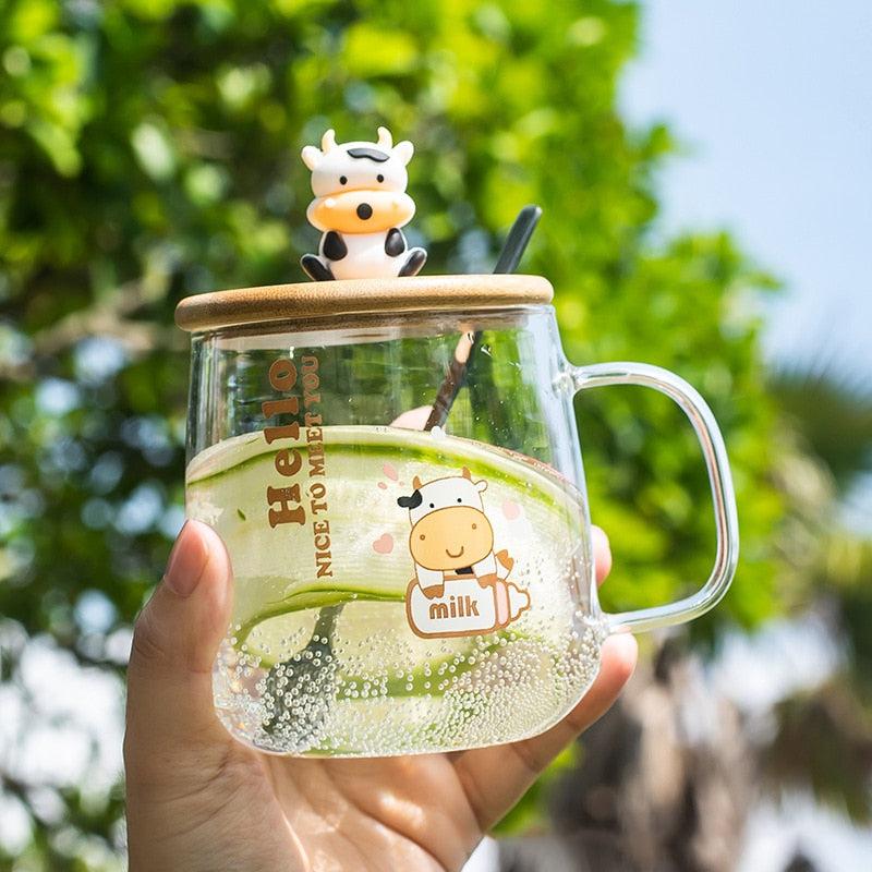 Cow Glass Mug with Lid & Spoon