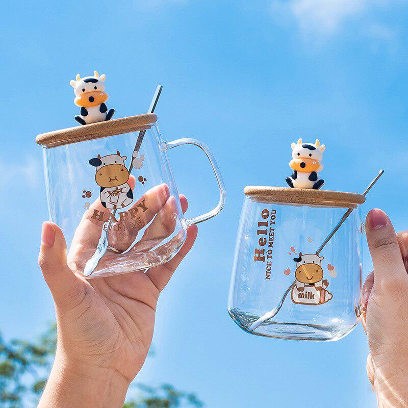 Cow Glass Mug with Lid & Spoon