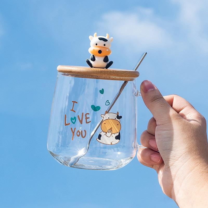 Cow Glass Mug with Lid & Spoon