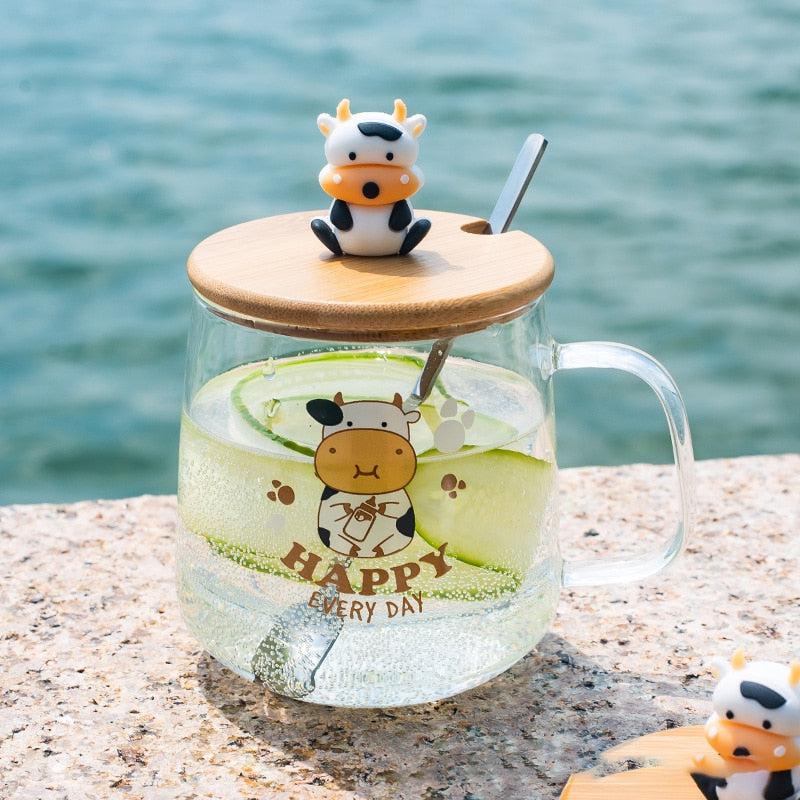 Cow Glass Mug with Lid & Spoon