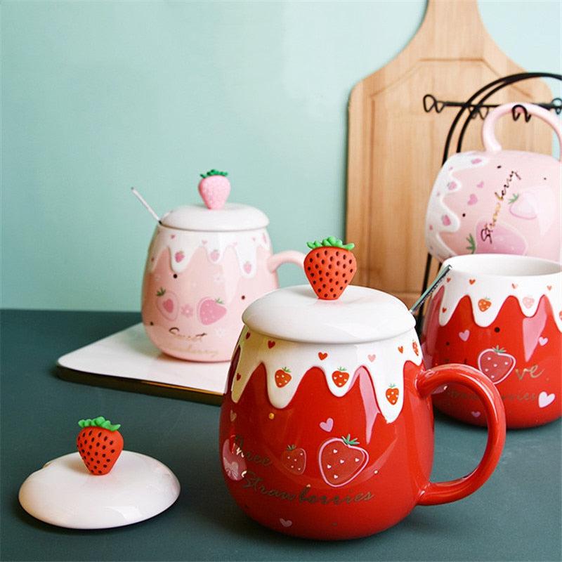 Strawberry Ceramic Mug with Lid & Spoon