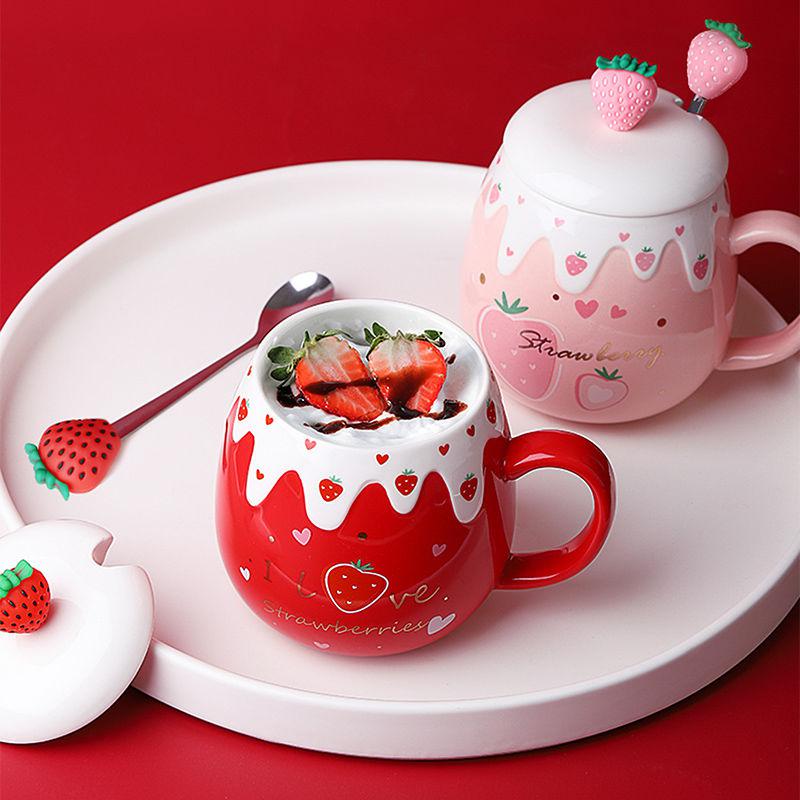 Strawberry Ceramic Mug with Lid & Spoon